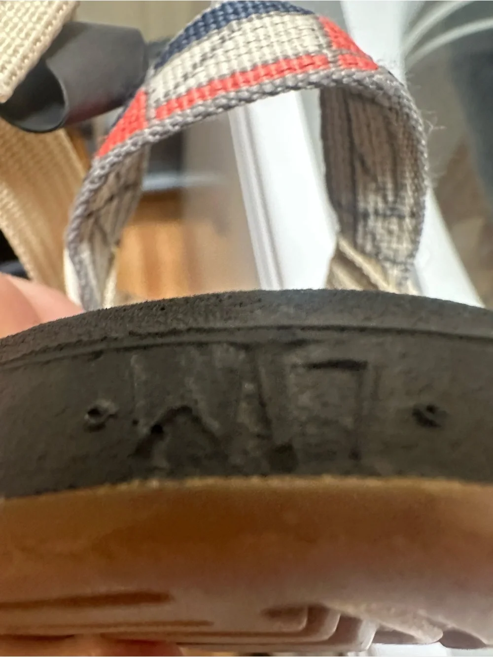Chaco Women’s Black Sandals with Beige, Navy and Coral Straps